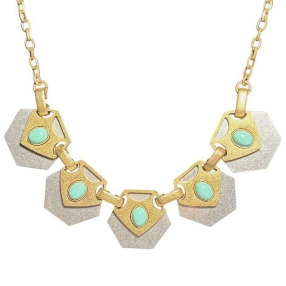 J.Crew Mix Metal Geometric Hexagon Turquoise Cabachon Statement Collar Necklace